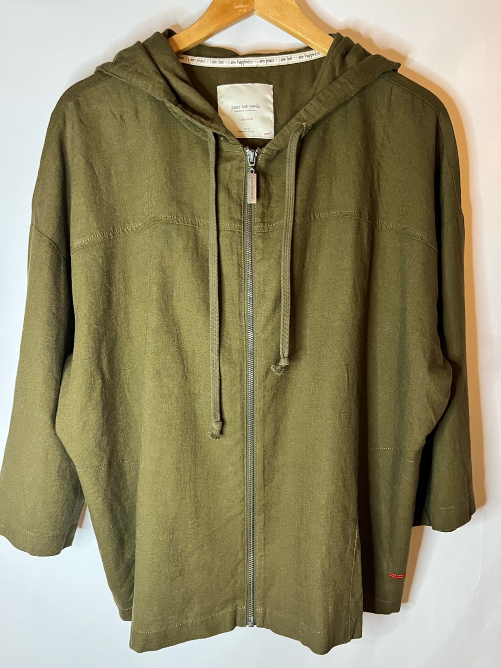 Peace Love World Boheme Olive Green Women’s Hooded Zip Jacket Linen Blend XL